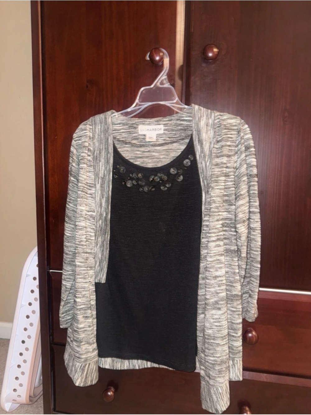 Sag Harbor Black Tank with Gray Marled Open-Front Cardigan — Beaded Neckline